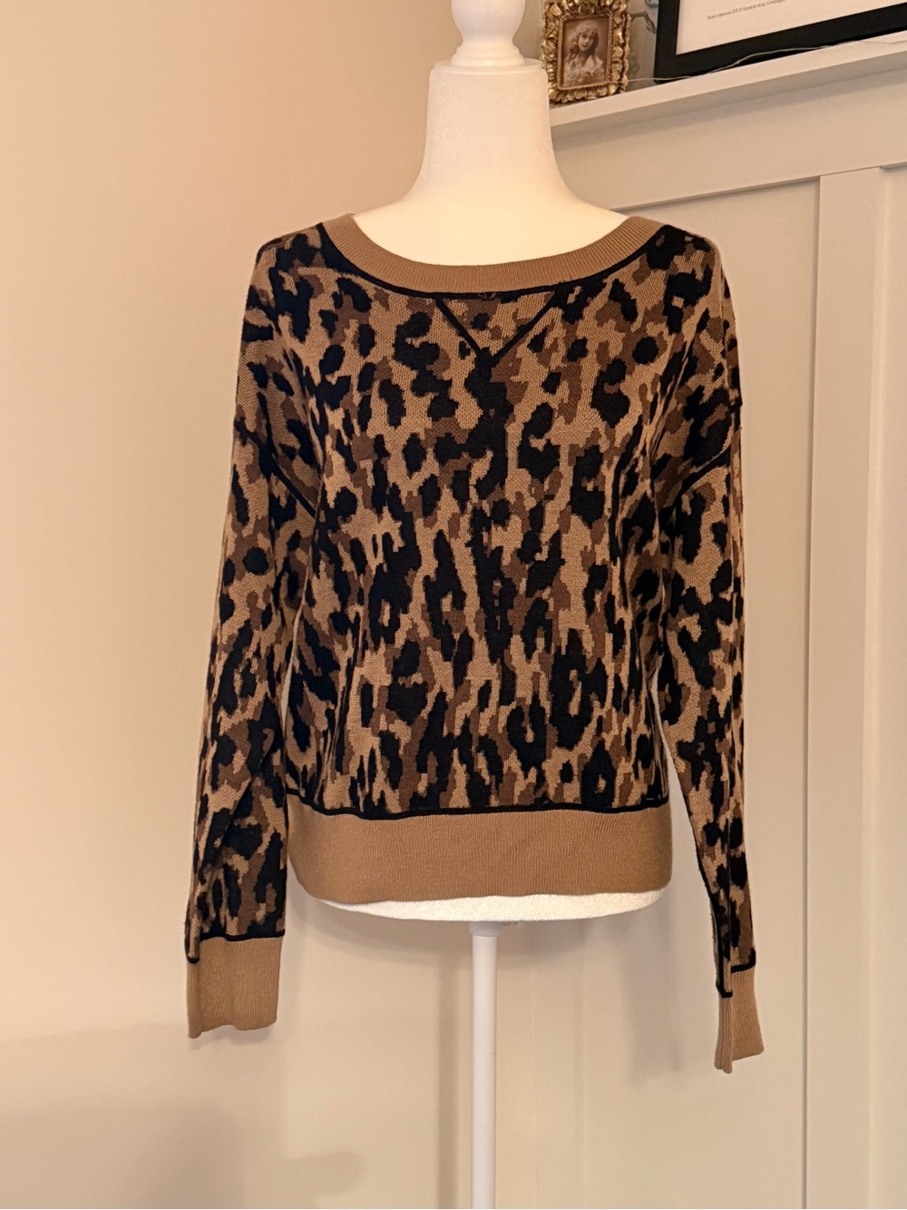 John + Jenn Brown and Black Leopard-Print Crew Neck Sweater-Size Medium